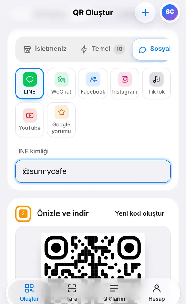 LINE seçili, yanında WeChat, Facebook, Instagram, TikTok, YouTube ve Google yorumu ile altında LINE kimliği kutusunun bulunduğu Sosyal medya ve yorumlar grubu