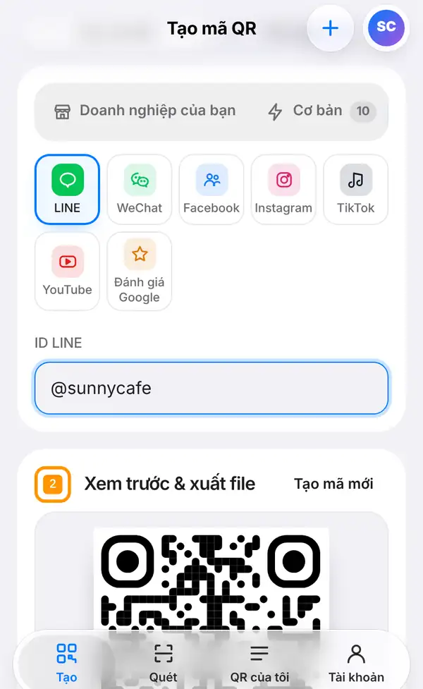 Nhóm mạng xã hội với LINE được chọn cạnh WeChat, Facebook, Instagram, TikTok, YouTube, Đánh giá Google và ô ID LINE điền @sunnycafe