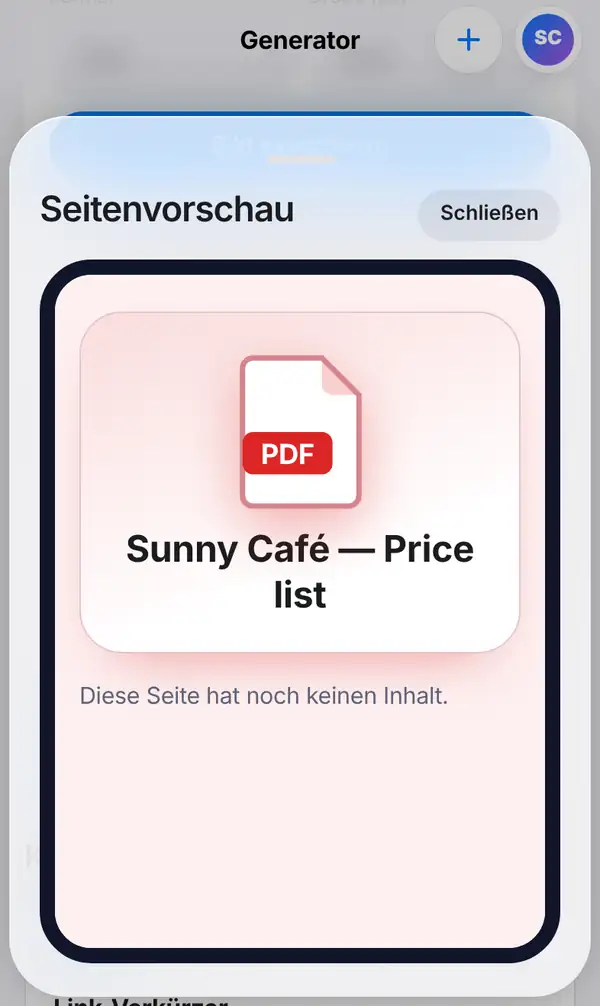 Die Seitenvorschau mit der Seite Sunny Café — Price list und einem PDF-Symbol