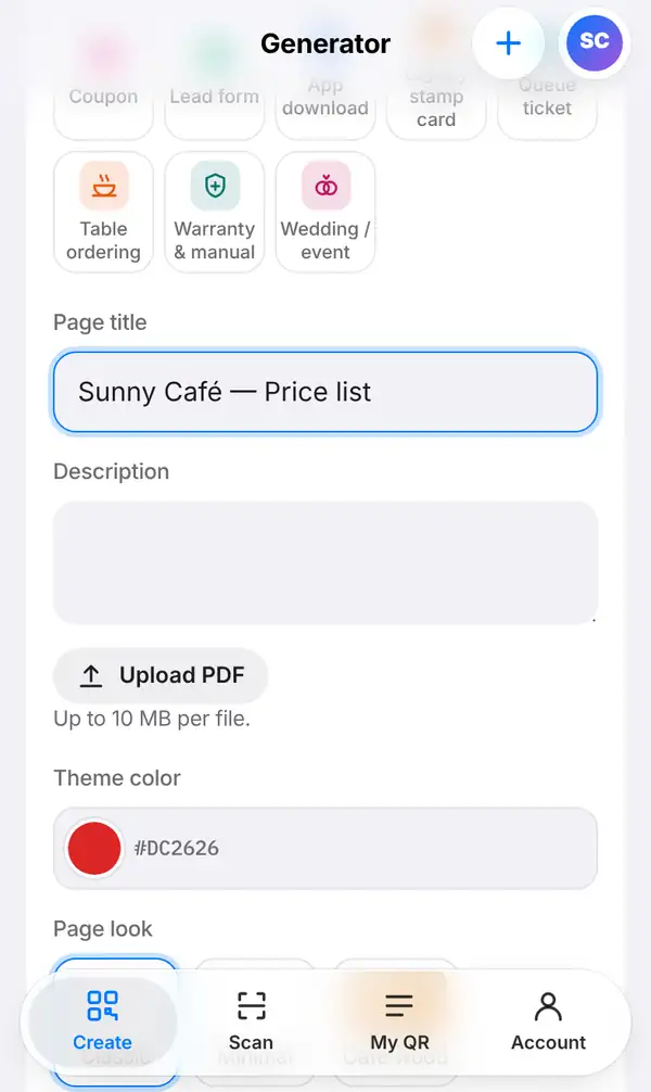 The PDF page form with Page title Sunny Café — Price list, a Description box, the Upload PDF button, Theme color and Page look