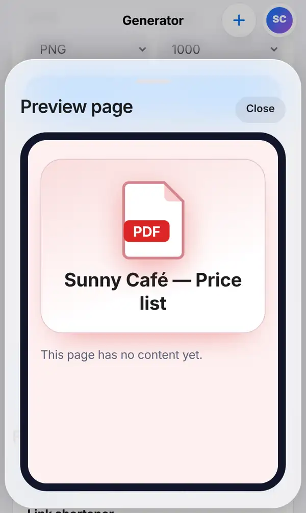 The Preview page view showing a Sunny Café — Price list page with a PDF icon