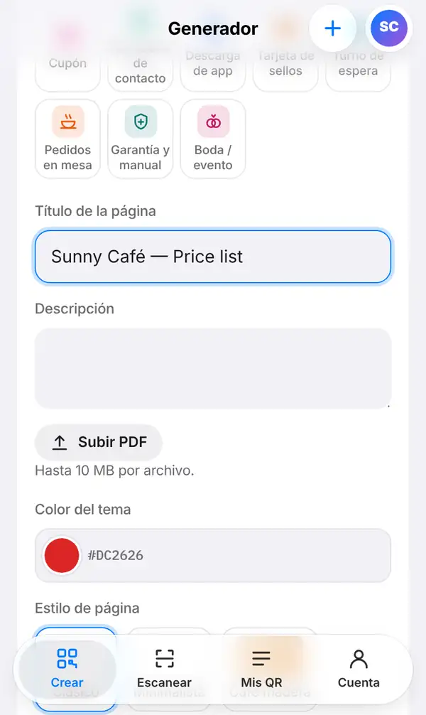 Formulario de la página PDF con el título Sunny Café — Price list, la casilla Descripción, el botón Subir PDF, el color del tema y el estilo de página