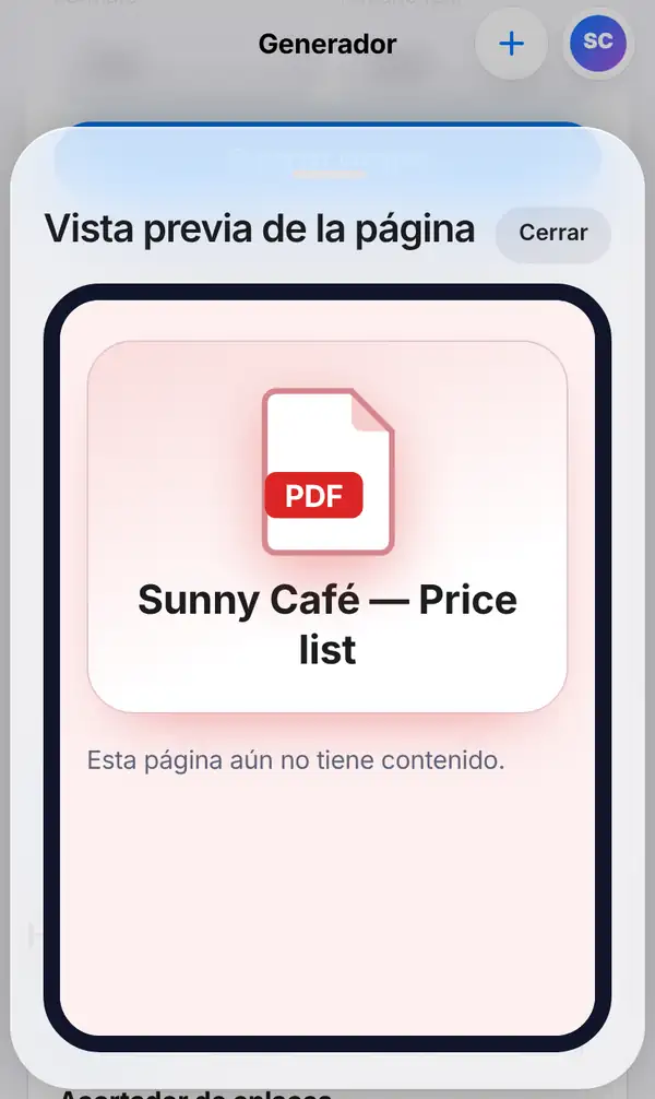 Vista previa de la página Sunny Café — Price list con el ícono de un PDF