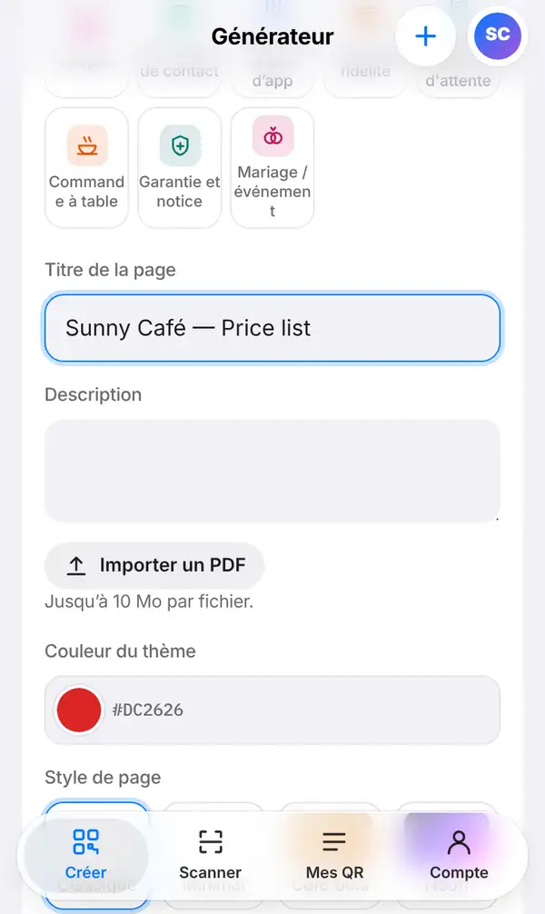 Le formulaire de page PDF avec le titre Sunny Café — Price list, la Description, le bouton Importer un PDF, la couleur du thème et le style de page