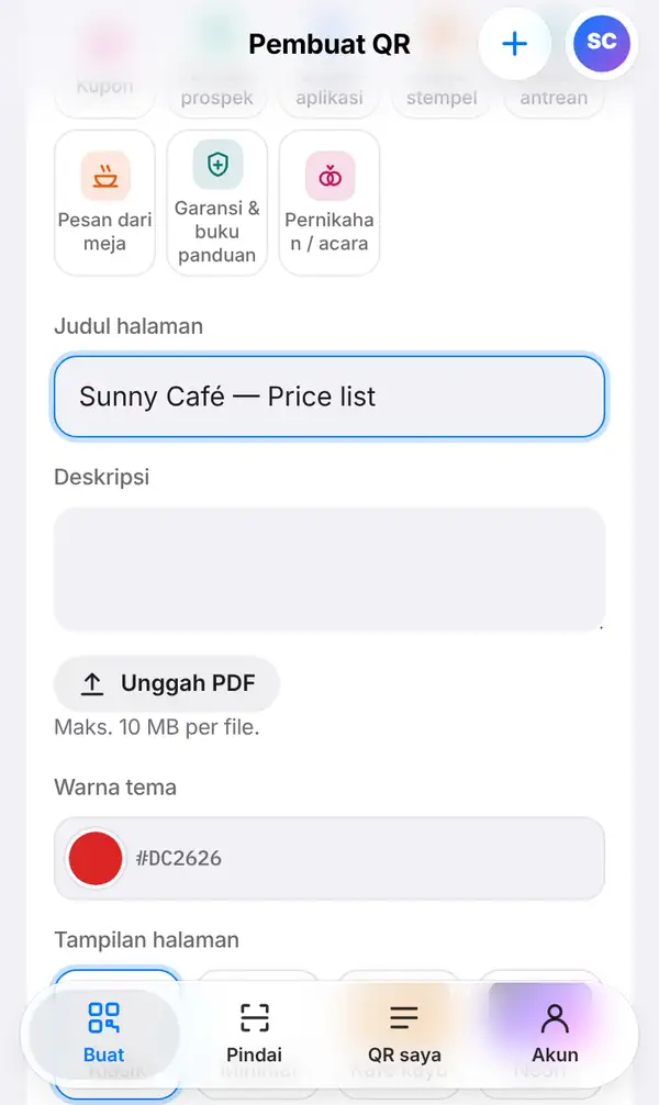Formulir halaman PDF dengan Judul halaman Sunny Café — Price list, Deskripsi, tombol Unggah PDF, Warna tema dan Tampilan halaman