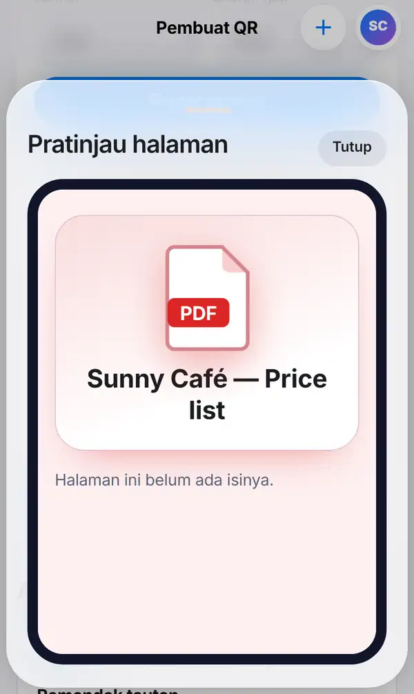 Jendela Pratinjau halaman yang menampilkan halaman PDF Sunny Café — Price list di layar ponsel