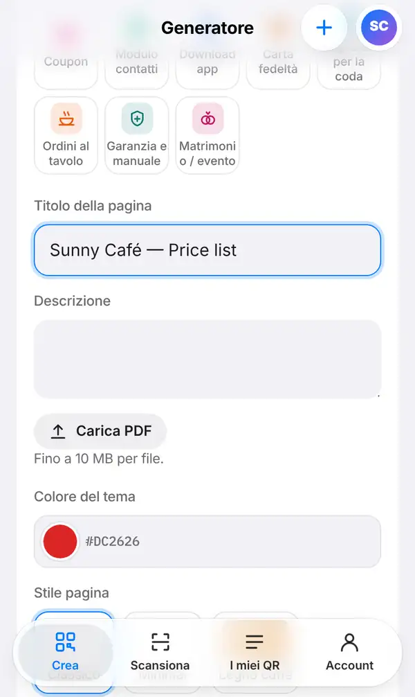 Il modulo della pagina PDF con il titolo Sunny Café — Price list, la Descrizione, il pulsante Carica PDF, il colore del tema e lo stile pagina