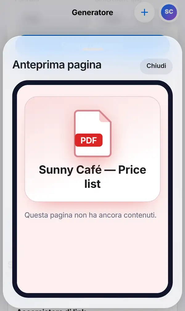 L'anteprima della pagina Sunny Café — Price list con l'icona del PDF