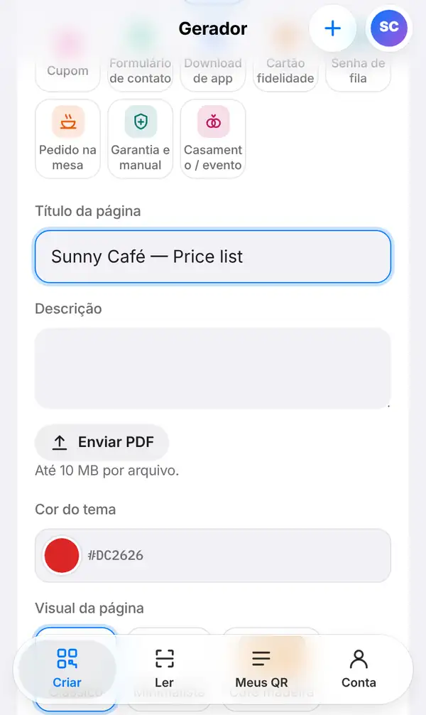 Formulário da página PDF com o título Sunny Café — Price list, o campo Descrição, o botão Enviar PDF, a cor do tema e o visual da página