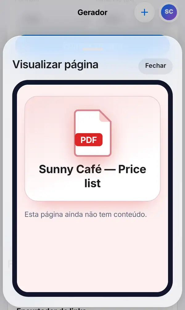 Tela Visualizar página com a página Sunny Café — Price list e o ícone de PDF