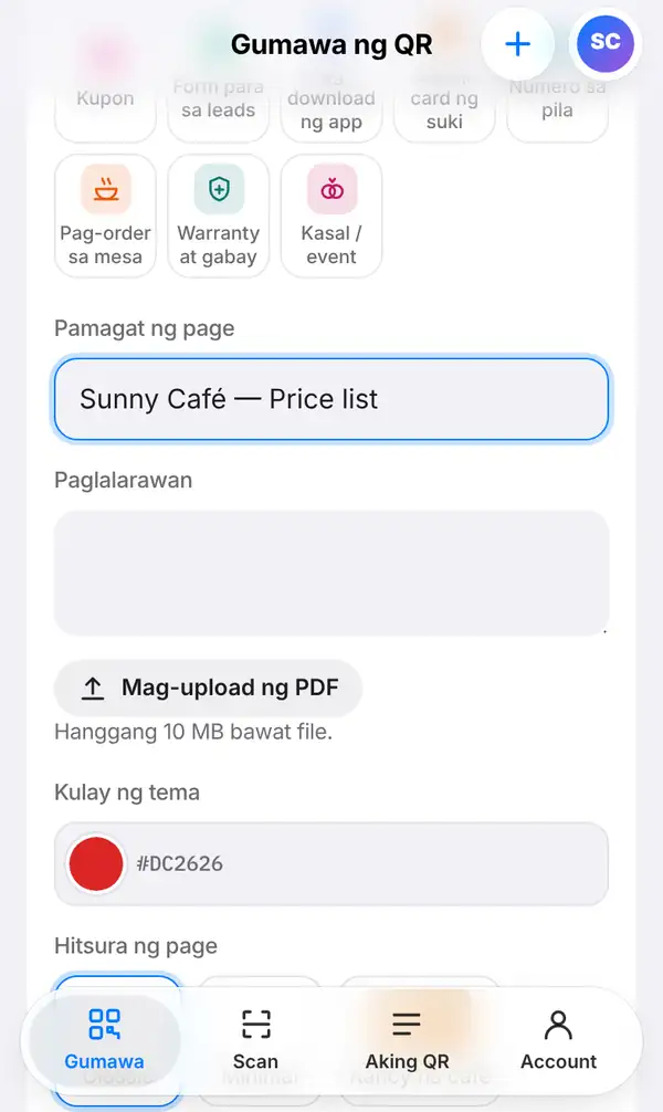 Ang PDF page form na may Pamagat ng page na Sunny Café — Price list, Paglalarawan, Mag-upload ng PDF button, Kulay ng tema at Hitsura ng page