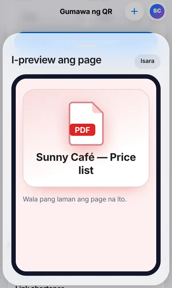 Ang I-preview ang page window na nagpapakita ng PDF page na Sunny Café — Price list sa screen ng phone