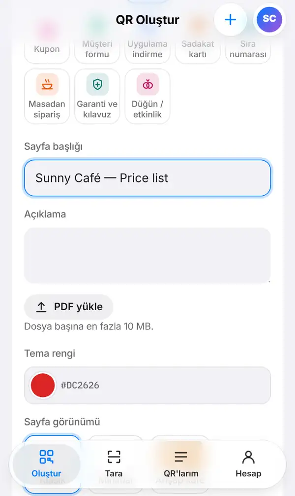Sayfa başlığı Sunny Café — Price list, Açıklama kutusu, PDF yükle düğmesi, tema rengi ve sayfa görünümünün bulunduğu PDF sayfası formu