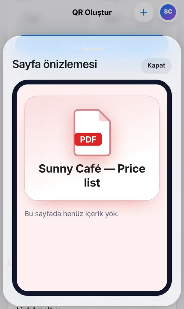 PDF simgesiyle Sunny Café — Price list sayfasını gösteren sayfa önizlemesi