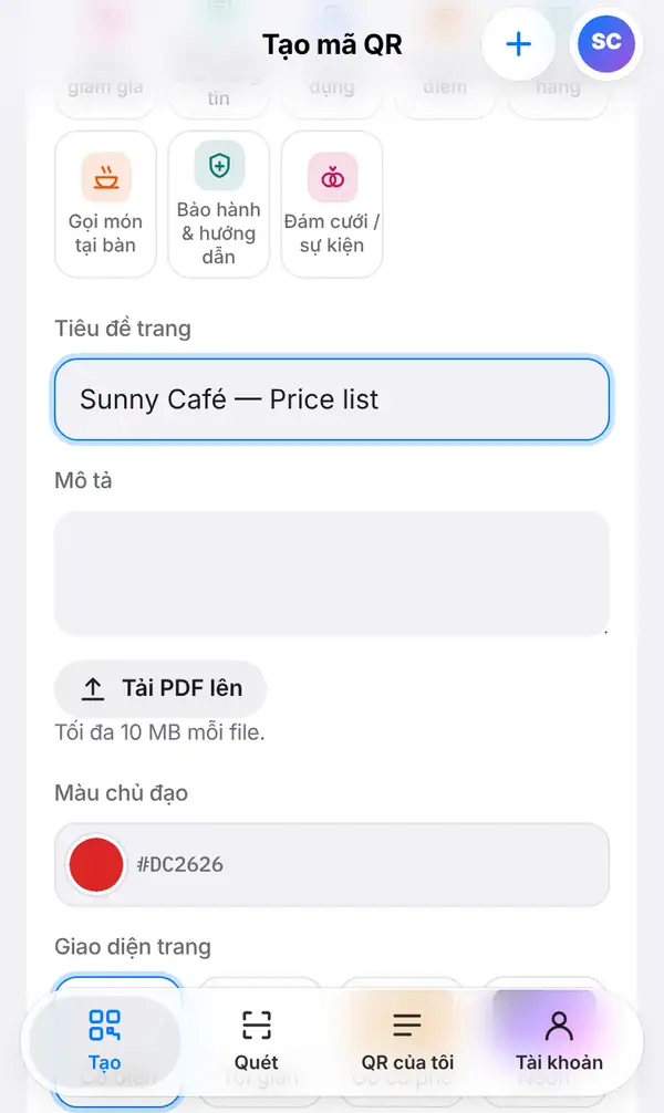 Biểu mẫu trang PDF với Tiêu đề trang Sunny Café — Price list, ô Mô tả, nút Tải PDF lên, Màu chủ đạo và Giao diện trang