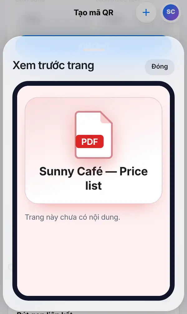 Màn hình Xem trước trang hiển thị trang Sunny Café — Price list với biểu tượng PDF
