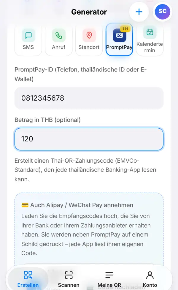 Das PromptPay-Formular mit der ID 0812345678, dem Betrag 120, einem Hinweis zum Thai-QR-Payment-Standard und dem Feld für Alipay und WeChat Pay