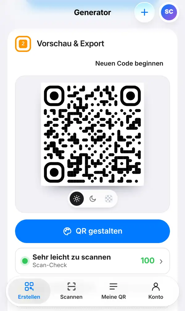 Der Bereich Vorschau & Export mit dem PromptPay-QR-Code, dem Knopf QR gestalten, einem Scan-Check von 100 und der kleinsten Druckgröße