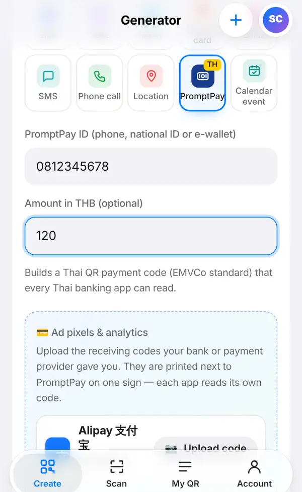 The PromptPay form with ID 0812345678, amount 120, a note about the Thai QR Payment standard and a box to add Alipay and WeChat Pay