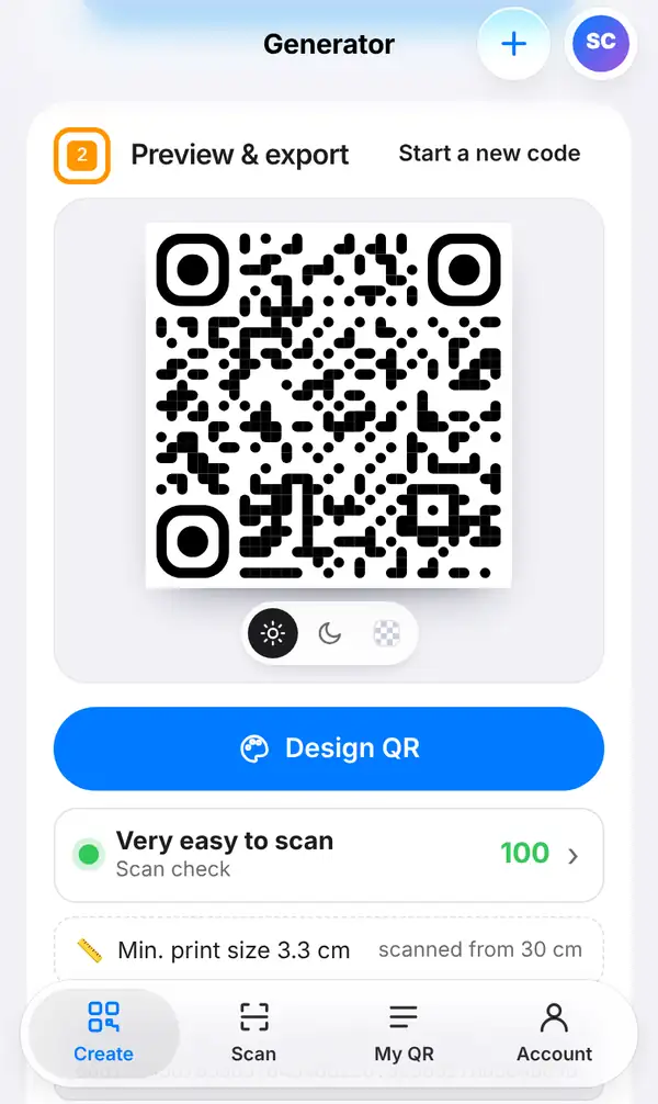 The Preview & export section with the PromptPay QR code, the Design QR button, a Scan check score of 100 and the smallest print size