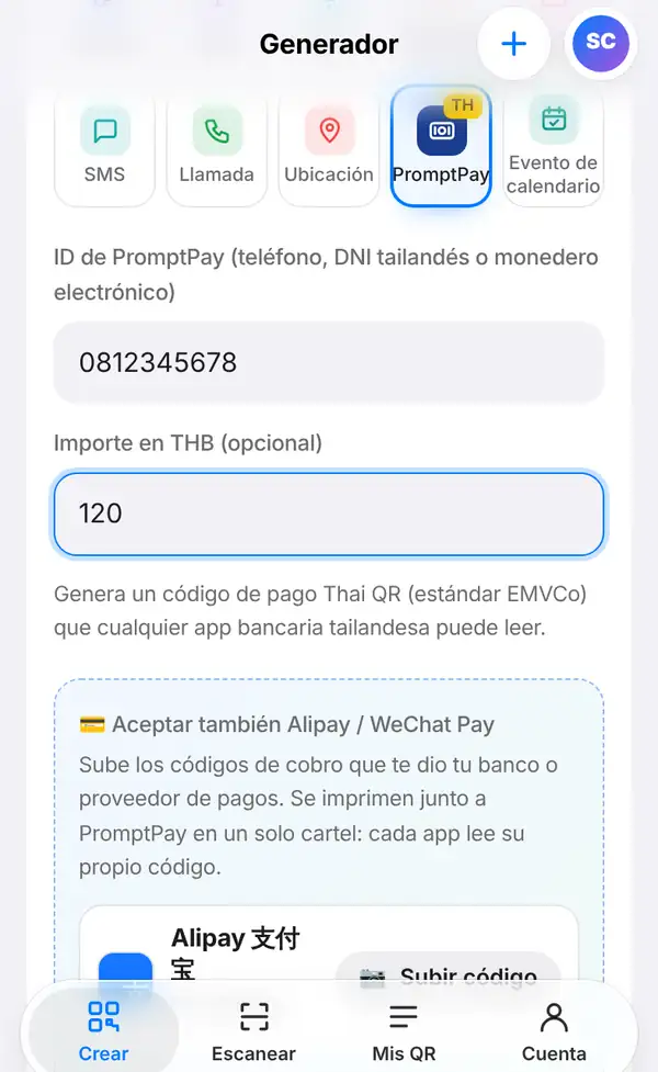 Formulario de PromptPay con el ID 0812345678, el importe 120, una nota sobre el estándar Thai QR Payment y la casilla para añadir Alipay y WeChat Pay