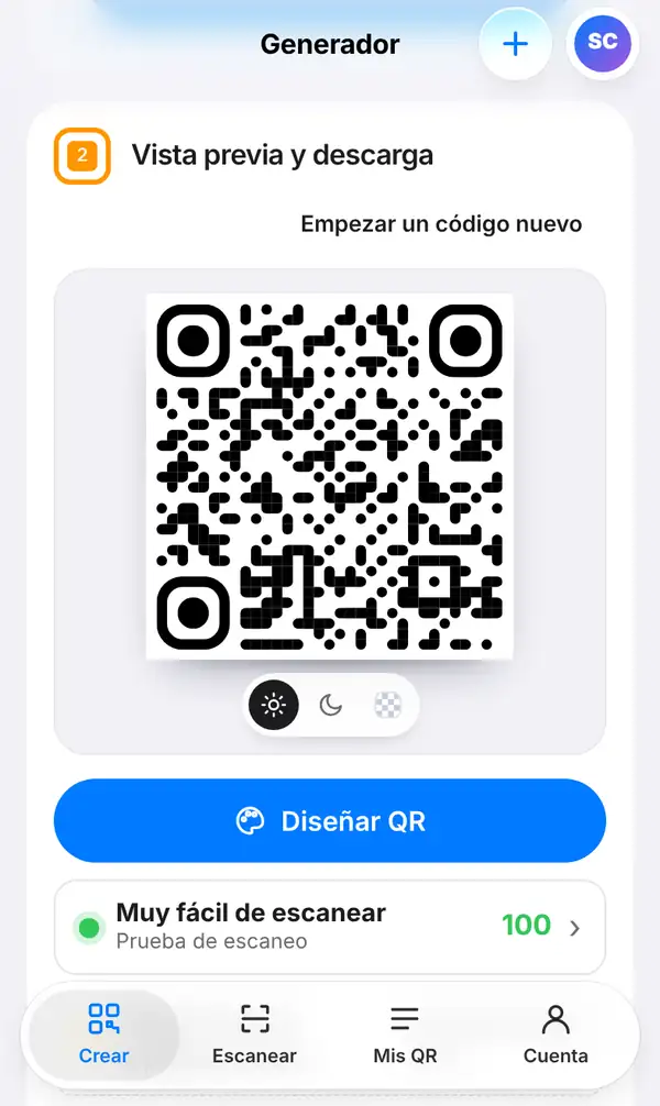 Sección Vista previa y descarga con el código QR de PromptPay, el botón Diseñar QR, la prueba de escaneo con 100 puntos y el tamaño mínimo de impresión