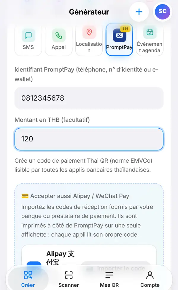 Le formulaire PromptPay avec l'identifiant 0812345678, le montant 120, une note sur la norme Thai QR Payment et une case pour ajouter Alipay et WeChat Pay