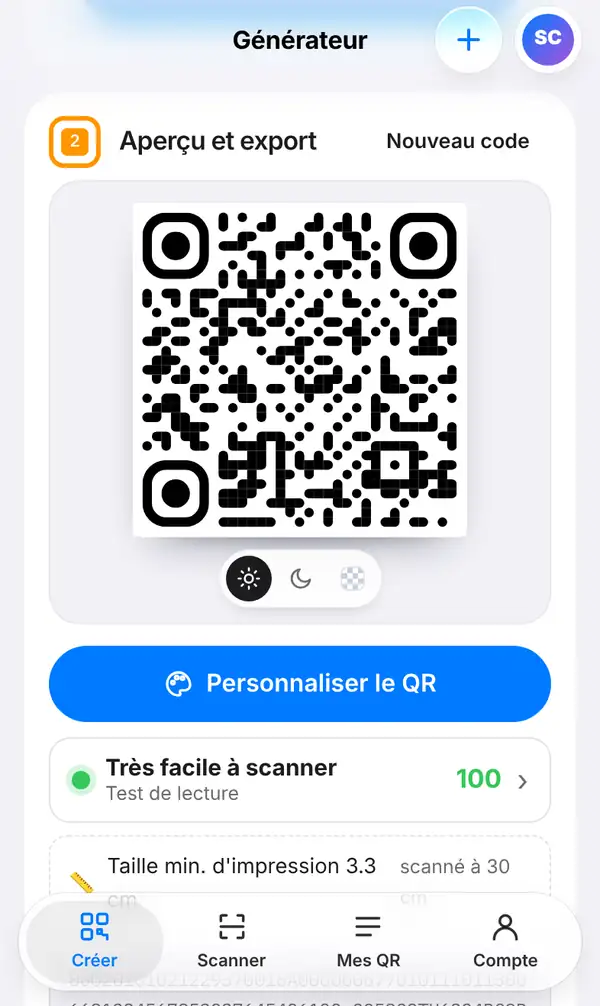 La partie Aperçu et export avec le QR code PromptPay, le bouton Personnaliser le QR, un Test de lecture à 100 et la plus petite taille d'impression