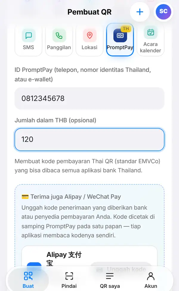 Formulir PromptPay dengan ID 0812345678 dan nominal 120 THB