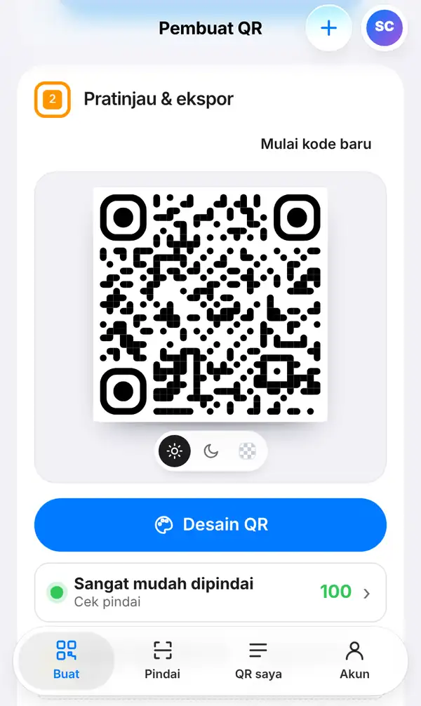 Pratinjau QR code PromptPay dengan tombol Desain QR dan Cek pindai 100: sangat mudah dipindai