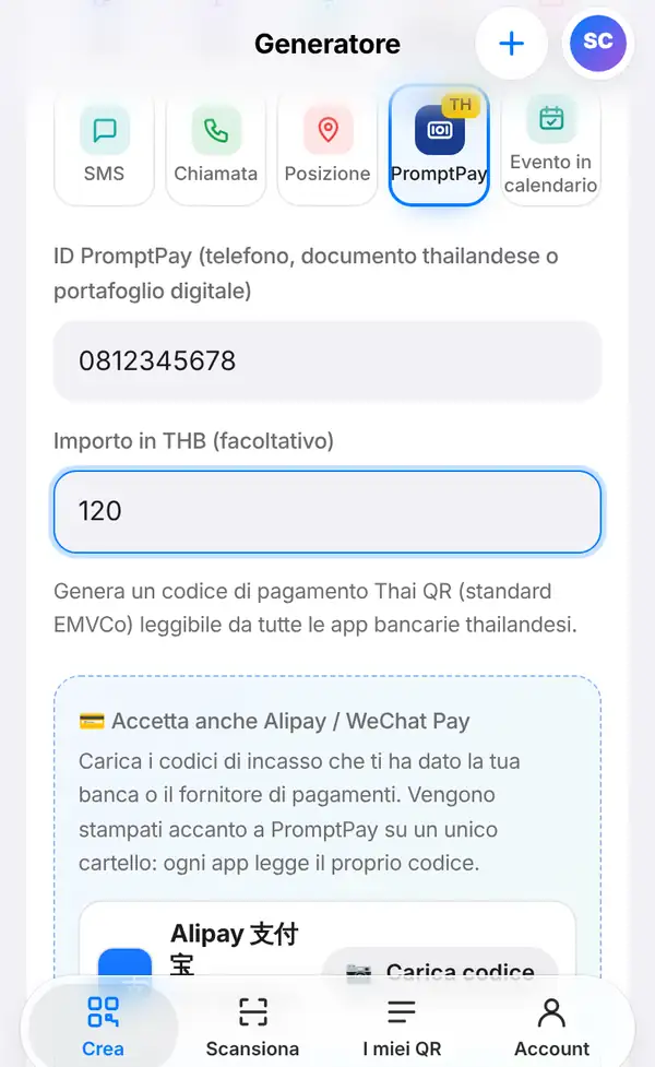 Il modulo PromptPay con l'ID 0812345678, l'importo 120, una nota sullo standard Thai QR Payment e il riquadro per aggiungere Alipay e WeChat Pay