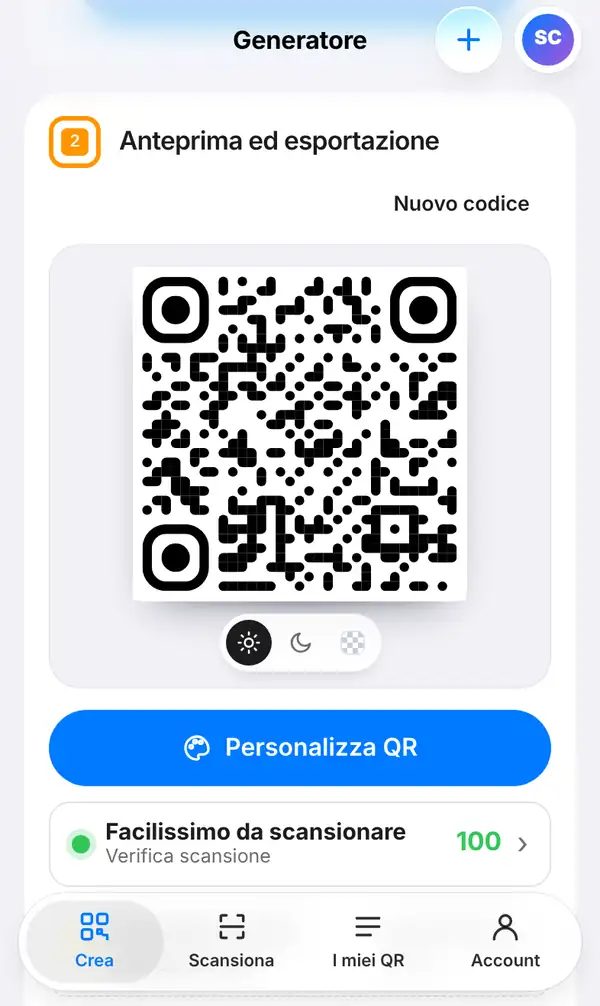 La sezione Anteprima ed esportazione con il QR code PromptPay, il pulsante Personalizza QR, una Verifica scansione a 100 e la dimensione minima di stampa