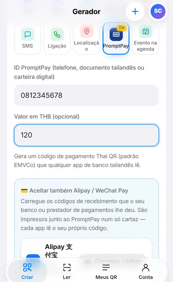 Formulário PromptPay com o ID 0812345678, o valor 120, uma nota sobre o padrão Thai QR Payment e a caixa para incluir Alipay e WeChat Pay