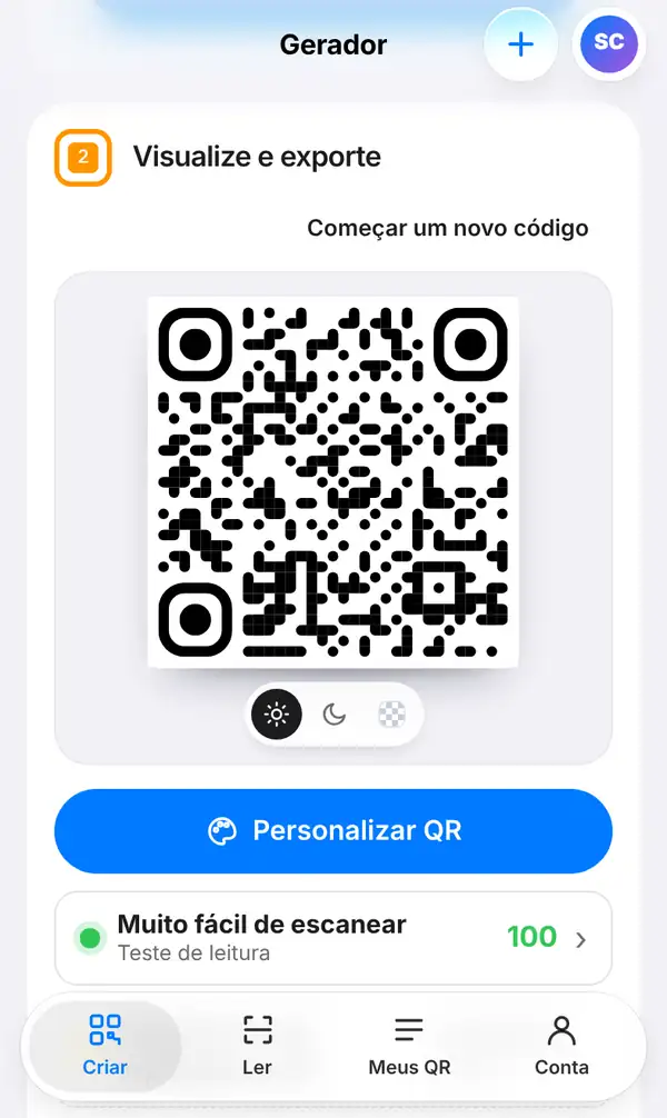 Seção Visualize e exporte com o QR Code PromptPay, o botão Personalizar QR, o teste de leitura com nota 100 e o tamanho mínimo de impressão