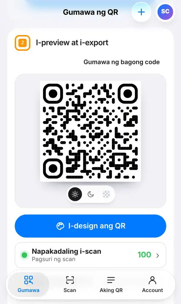 Preview ng PromptPay QR code na may I-design ang QR button at Pagsuri ng scan na 100