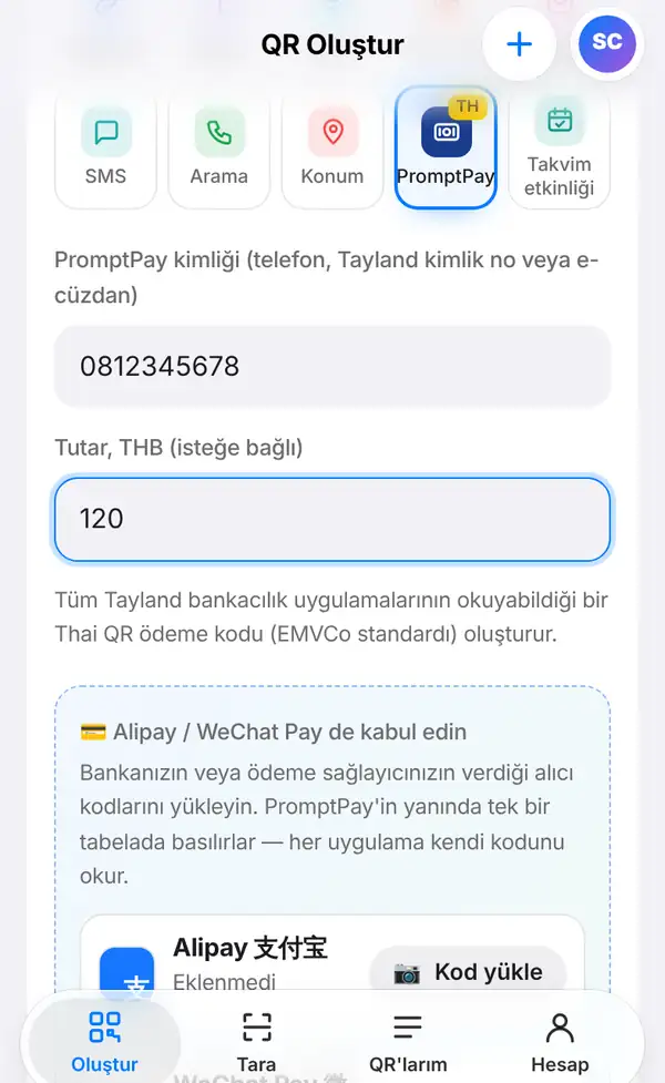 Kimlik 0812345678, tutar 120, Thai QR Payment standardı notu ve Alipay ile WeChat Pay ekleme kutusunun bulunduğu PromptPay formu