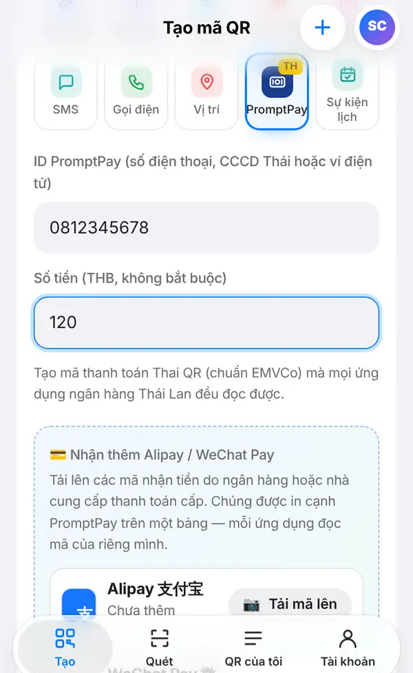 Biểu mẫu PromptPay với ID 0812345678, số tiền 120, ghi chú chuẩn Thai QR và ô Nhận thêm Alipay / WeChat Pay