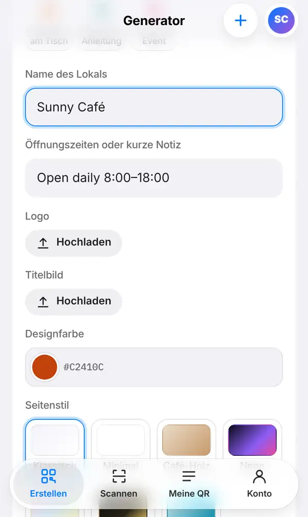 Das Speisekarten-Formular mit dem Namen Sunny Café, Öffnungszeiten, Knöpfen für Logo und Titelbild, einer Designfarbe und der Auswahl beim Seitenstil
