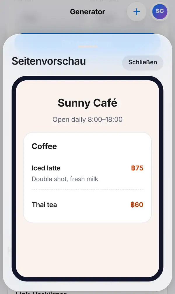Die Seitenvorschau zeigt die Speisekarte des Sunny Café auf einem Handy mit Iced latte ฿75 und Thai tea ฿60
