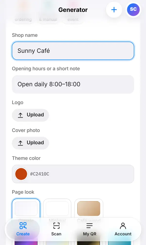 The menu form with Shop name Sunny Café, opening hours, logo and cover upload buttons, a theme colour and Page look choices
