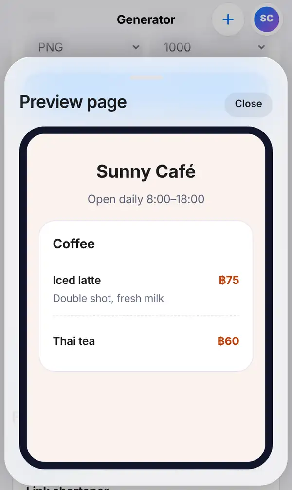 The Preview page view showing the Sunny Café menu on a phone with Iced latte ฿75 and Thai tea ฿60