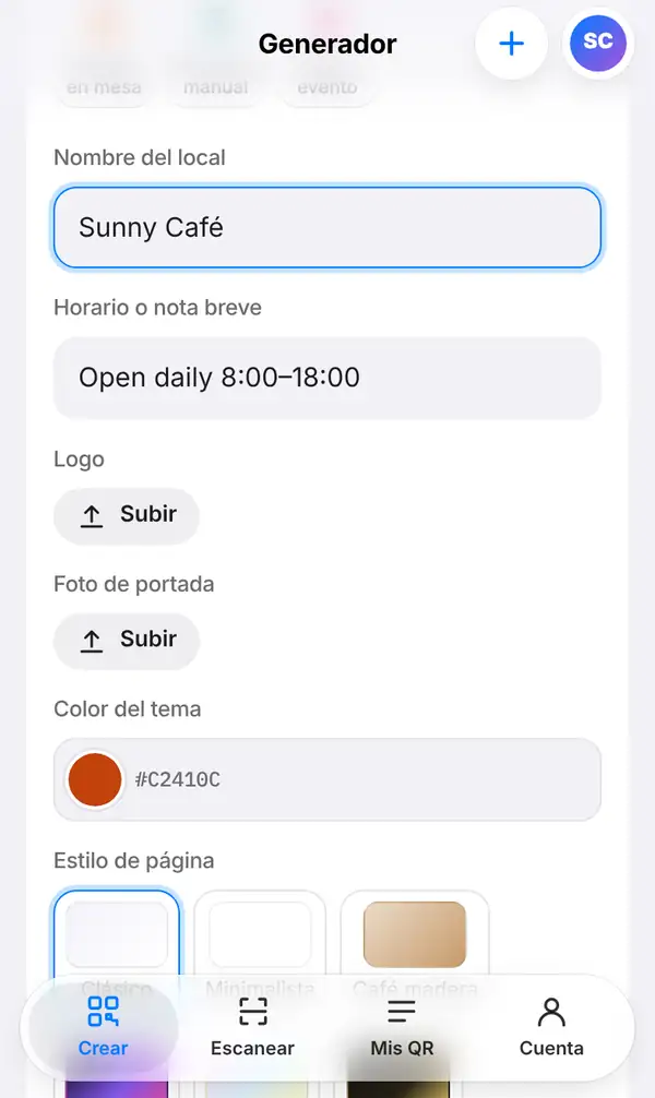 Formulario del menú con el nombre del local Sunny Café, el horario, los botones para subir logo y portada, el color del tema y las opciones de estilo de página