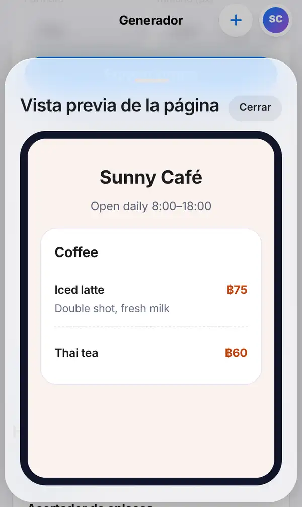 Vista previa de la página con el menú de Sunny Café en un celular, con Iced latte a ฿75 y Thai tea a ฿60