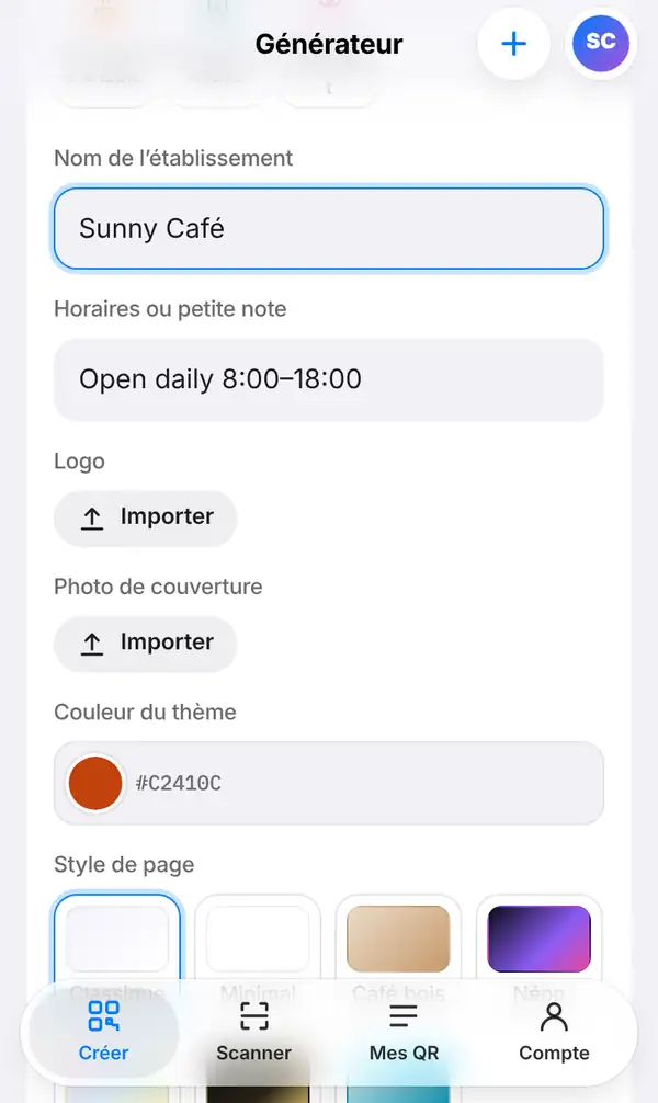 Le formulaire du menu avec le nom Sunny Café, les horaires, les boutons pour le logo et la photo de couverture, la couleur du thème et les styles de page