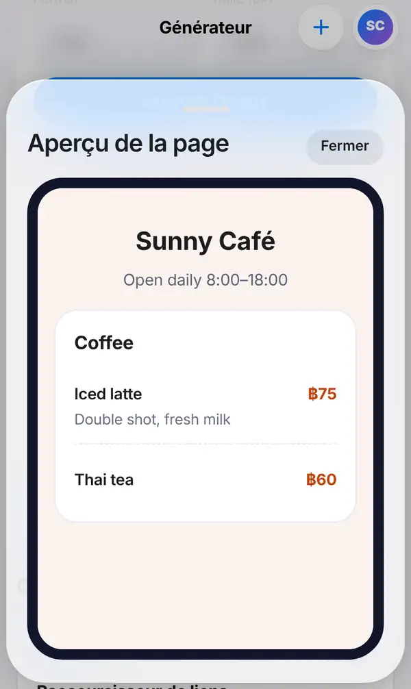 L'aperçu de la page : le menu du Sunny Café sur un téléphone avec Iced latte à 75 ฿ et Thai tea à 60 ฿