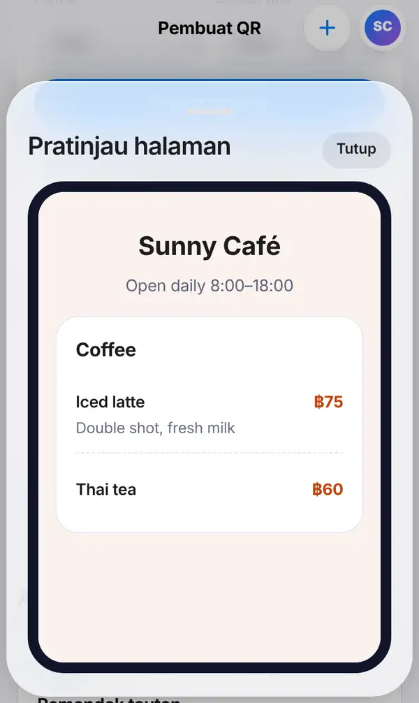 Pratinjau halaman menu Sunny Café di layar ponsel