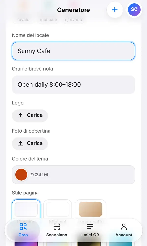 Il modulo del menu con Nome del locale Sunny Café, gli orari, i pulsanti per caricare logo e foto di copertina, il colore del tema e gli stili pagina