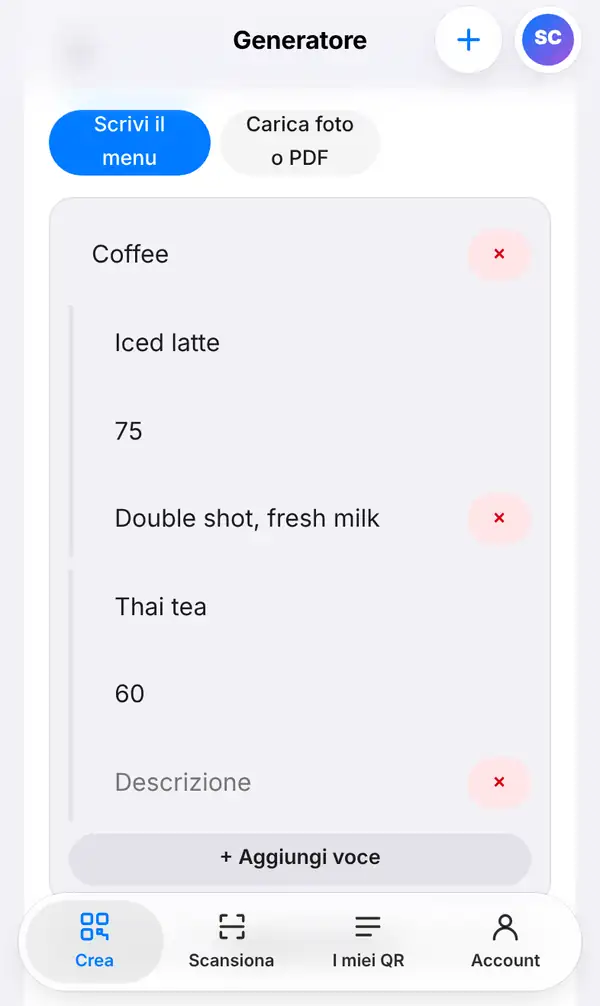 L'opzione Scrivi il menu con una sezione Coffee che contiene Iced latte a 75 con la descrizione, e Thai tea a 60