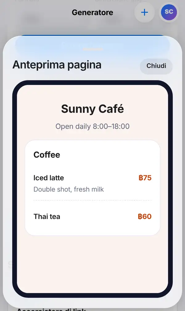 L'anteprima della pagina: il menu del Sunny Café su un telefono con Iced latte a ฿75 e Thai tea a ฿60