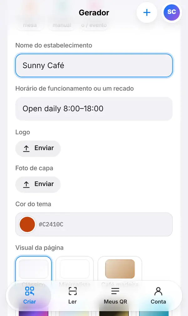 Formulário do cardápio com o nome do estabelecimento Sunny Café, o horário, os botões para enviar logo e foto de capa, a cor do tema e as opções de visual da página